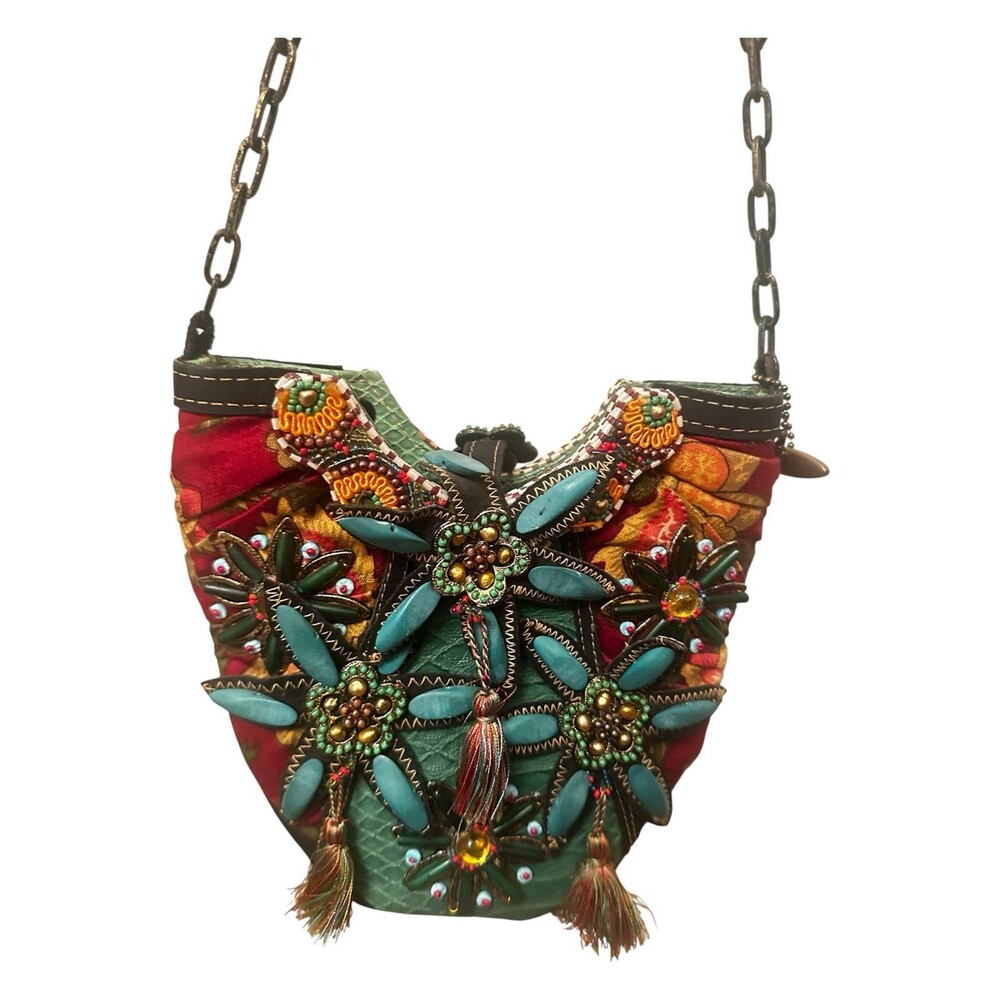 Mary Frances faux turquoise multicolored beaded floral Bucket purse
